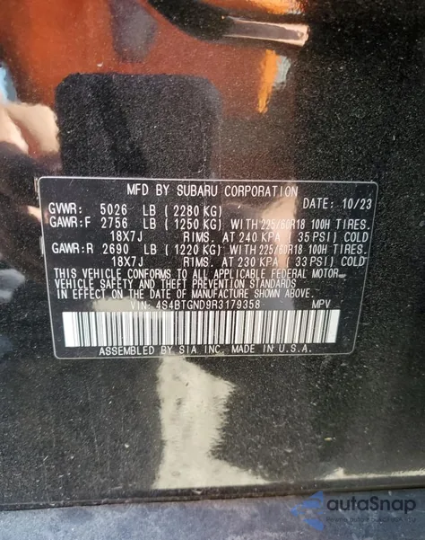 2024 Subaru Outback Limited из США, поврежденный, VIN 4S4BTGND9R3179358